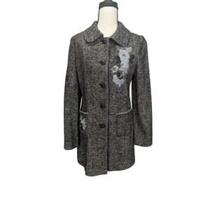 Chaber Wool Silk Embroidered Tweed Longline Coat Gray Blue Size S